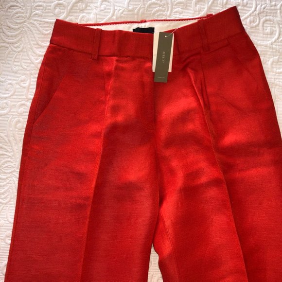 J Crew Bright Tomato Orange Linen Silk Straight Leg Belt Loops Trousers 2 NWT - Picture 6 of 7
